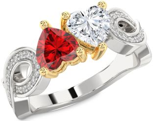 Diamond Emerald Platinum & Yellow Gold Infinity Two Heart Birthstone Ring