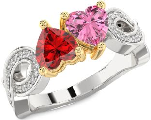 Diamond Emerald Platinum & Yellow Gold Infinity Two Heart Birthstone Ring