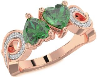 Diamond Emerald Rose Gold Infinity Two Heart Birthstone Ring