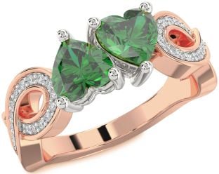 Diamond Emerald Platinum & Rose Gold Infinity Two Heart Birthstone Ring