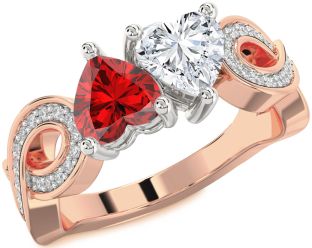 Diamond Emerald Platinum & Rose Gold Infinity Two Heart Birthstone Ring