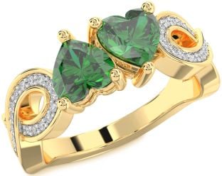 Diamond Emerald Gold Infinity Two Heart Birthstone Ring
