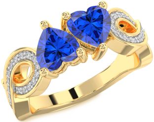 Diamond Emerald Gold Infinity Two Heart Birthstone Ring