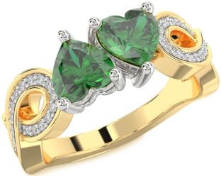 Diamond Emerald Platinum & Yellow Gold Infinity Two Heart Birthstone Ring
