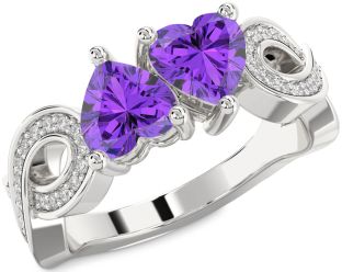 Diamond Emerald Silver Infinity Two Heart Birthstone Ring