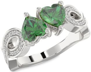 Diamond Emerald Silver Infinity Two Heart Birthstone Ring