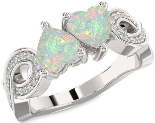 Diamond Emerald Silver Infinity Two Heart Birthstone Ring