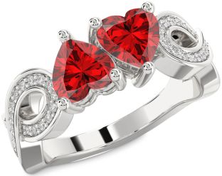 Diamond Emerald Silver Infinity Two Heart Birthstone Ring