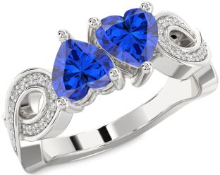 Diamond Emerald Platinum Infinity Two Heart Birthstone Ring