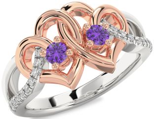 Diamond Emerald Platinum & Rose Gold Heart Two Stone Birthstone Ring