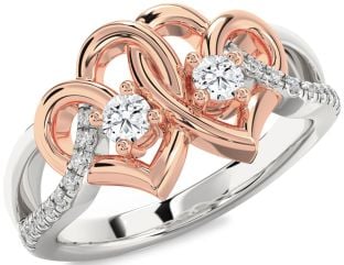 Diamond Silver & 10K Rose Gold Heart Two Stone Ring