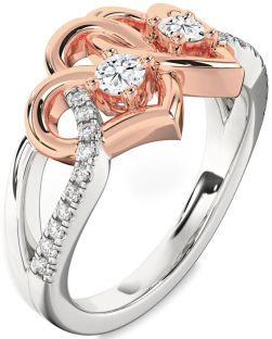 Diamond Silver & 10K Rose Gold Heart Two Stone Ring