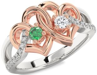 Diamond Silver & 10K Rose Gold Heart Two Stone Promise Ring