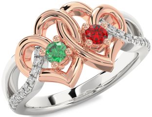 Diamond Emerald Silver & 10K Rose Gold Heart Two Stone Birthstone Ring