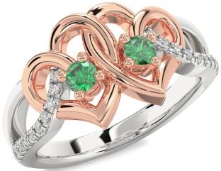 Diamond Emerald White Rose Gold Heart Two Stone Birthstone Ring