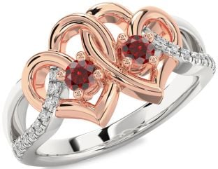 Diamond Emerald Platinum & Rose Gold Heart Two Stone Birthstone Ring