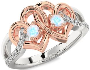 Diamond Emerald Platinum & Rose Gold Heart Two Stone Birthstone Ring