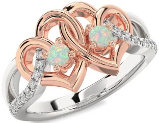 Diamond Emerald Platinum & Rose Gold Heart Two Stone Birthstone Ring