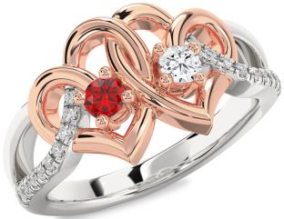 Diamond Emerald Platinum & Rose Gold Heart Two Stone Birthstone Ring