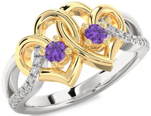 Diamond Emerald Platinum & Yellow Gold Heart Two Stone Birthstone Ring