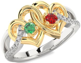 Diamond Emerald Silver & 10K gold Heart Two Stone Birthstone Ring