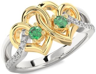 Diamond Emerald Silver & 10K gold Heart Two Stone Birthstone Ring