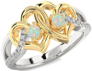 Diamond Emerald Platinum & Yellow Gold Heart Two Stone Birthstone Ring