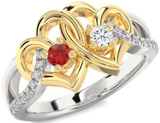 Diamond Emerald Platinum & Yellow Gold Heart Two Stone Birthstone Ring