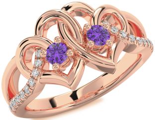 Diamond Emerald Rose Gold Heart Two Stone Birthstone Ring