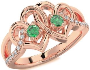Diamond Emerald Rose Gold Heart Two Stone Birthstone Ring