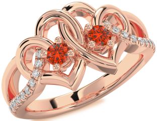Diamond Fire Opal Rose Gold Heart Two Stone Ring