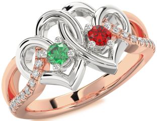 Diamond Emerald Platinum & Rose Gold Heart Two Stone Birthstone Ring