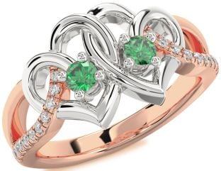 Diamond Emerald Platinum & Rose Gold Heart Two Stone Birthstone Ring