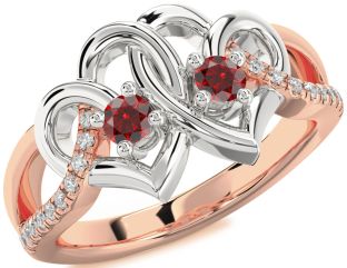 Diamond Emerald Platinum & Rose Gold Heart Two Stone Birthstone Ring