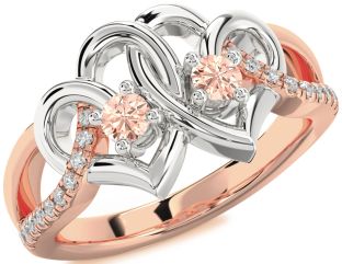 Diamond Emerald Platinum & Rose Gold Heart Two Stone Birthstone Ring