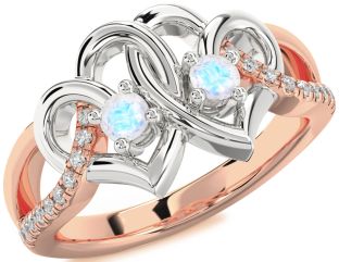 Diamond Emerald Platinum & Rose Gold Heart Two Stone Birthstone Ring