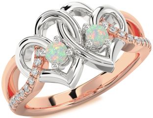 Diamond Emerald Platinum & Rose Gold Heart Two Stone Birthstone Ring