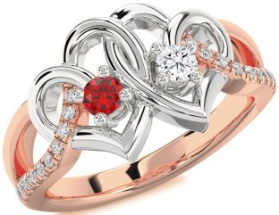 Diamond Emerald Platinum & Rose Gold Heart Two Stone Birthstone Ring