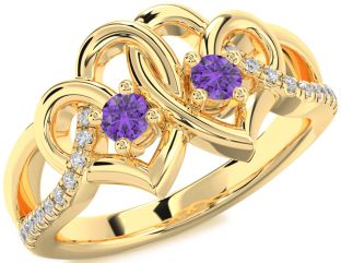 Diamond Emerald Gold Heart Two Stone Birthstone Ring