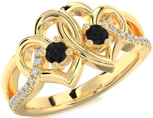 Black Diamond Gold Silver Heart Two Stone Ring