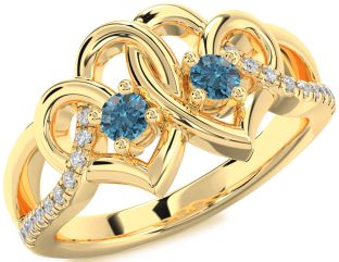Blue Diamond Gold Silver Heart Two Stone Ring
