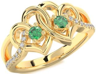 Diamond Emerald Gold Heart Two Stone Birthstone Ring