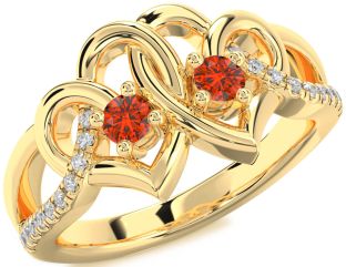 Diamond Fire Opal Gold Silver Heart Two Stone Ring