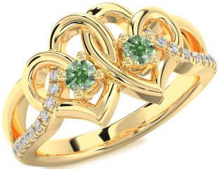 Green Diamond Gold Silver Heart Two Stone Ring