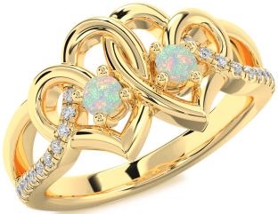 Diamond Emerald Gold Heart Two Stone Birthstone Ring