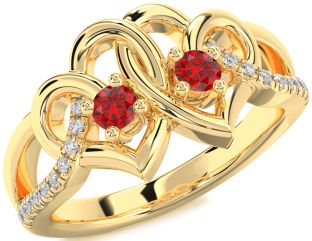 Diamond Emerald Gold Heart Two Stone Birthstone Ring