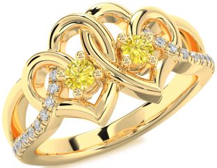Yellow Diamond Gold Silver Heart Two Stone Ring