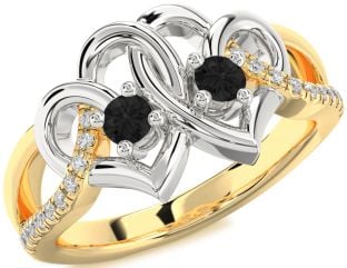 Black Diamond Gold Silver Heart Two Stone Ring