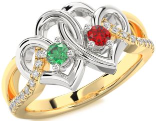 Diamond Emerald Platinum & Yellow Gold Heart Two Stone Birthstone Ring