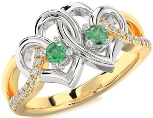 Diamond Emerald Platinum & Yellow Gold Heart Two Stone Birthstone Ring